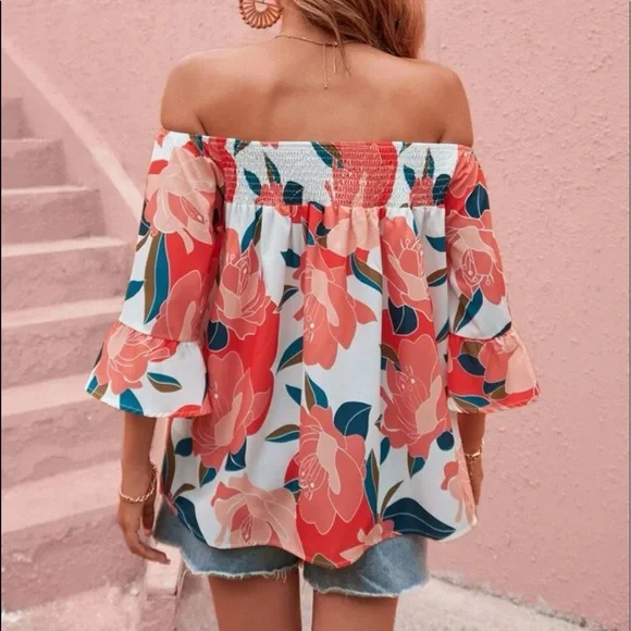 Boho Floral Print Smocked Shirred Off shoulder Top Blouse - Picture 2 of 7